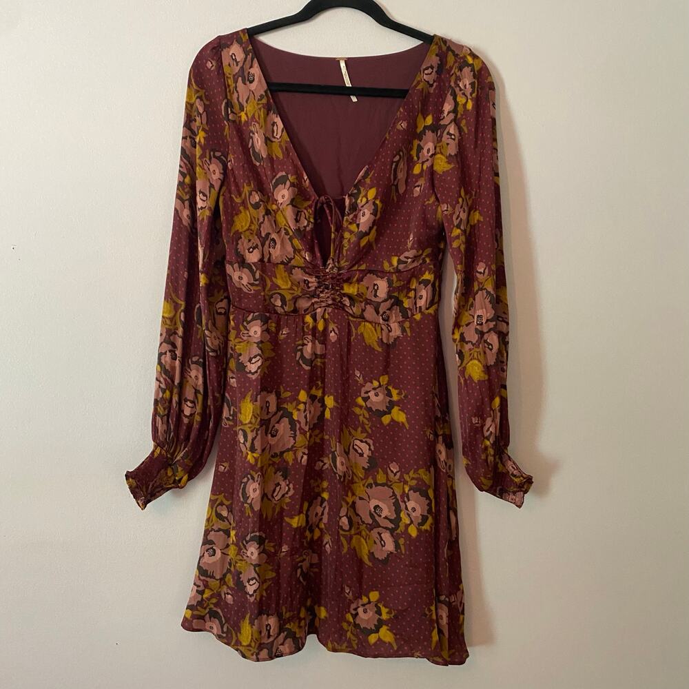 Free People Purple Floral Polka Dot Boho Fairy Whimsy Mini Dress Long Sleeve 8